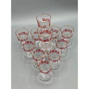Lot 12 Shot Glasses Vtg Gold Rims Red Flower Mini Dessert Liqueur Cordial Cup